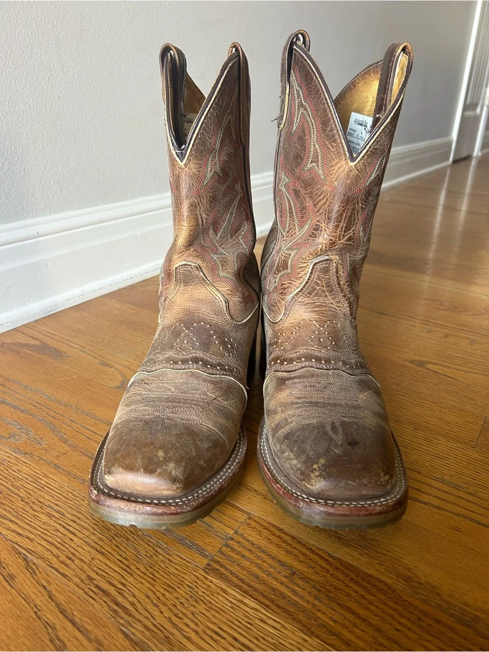 Double H Men's Distressed Brown Leather Western Boots with Red Stitching Accents
